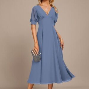NWT JJ’s House V-nech A-line Chiffon Midi Dress Puff Sleeves Tea-Length 271450